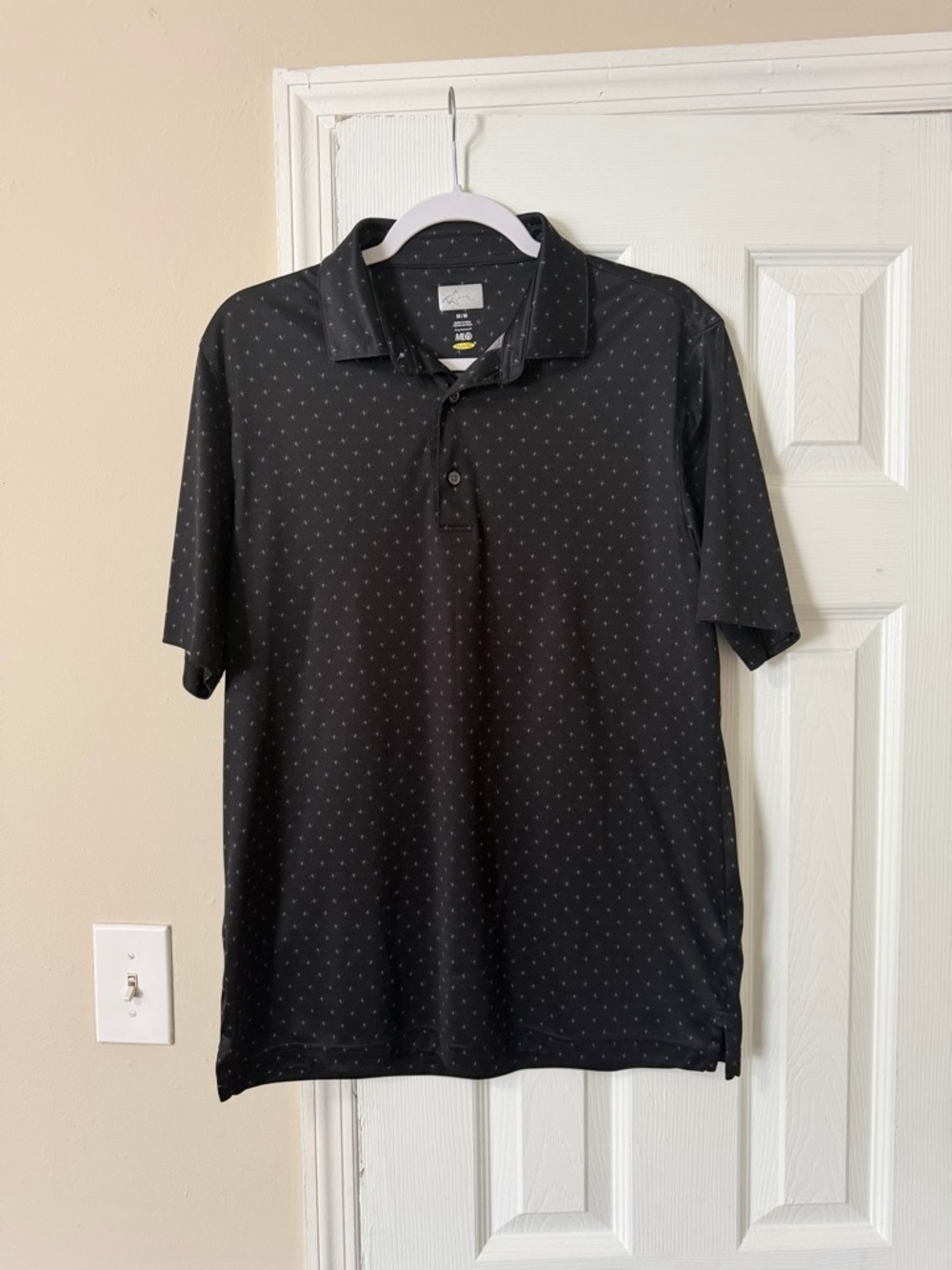Greg Norman Collection Black Short-Sleeve Polo with Micro Dot Pattern